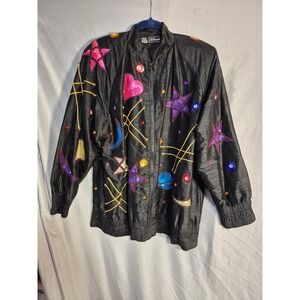 Vintage JA Resort Silk Bomber Jacket Black Embellished‎ Hearts Stars Medium